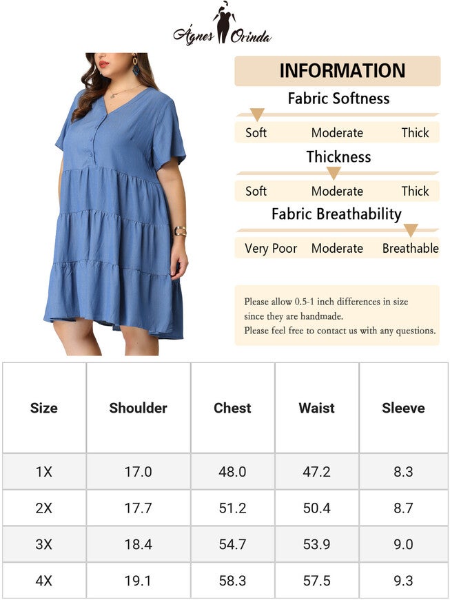 Button Down V Neck Knee Length Tiered Chambray Dress, Blue / Light Green, alternate image number 4
