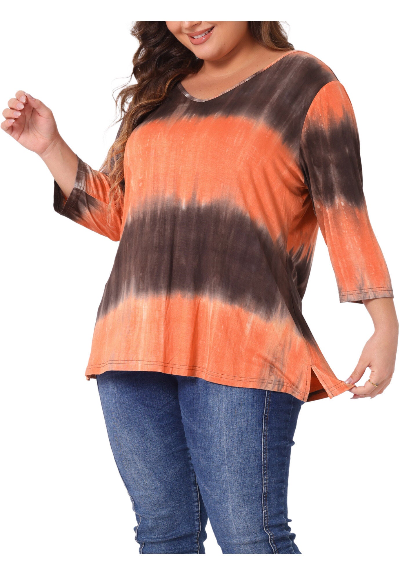 V Neck 3/4 Sleeve Loose Casual Striped Tie Dye Print T-Shirt Top, Orange / Orange, alternate image number 1