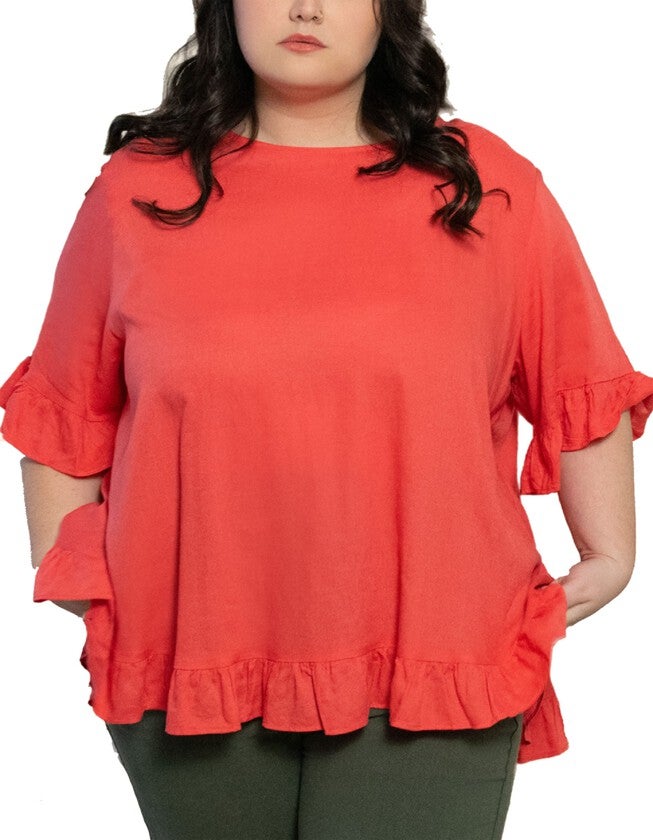 Mylene Top Relaxed Linen Blend Frilled High Low Hem, Mango / Orange, hi-res image number null