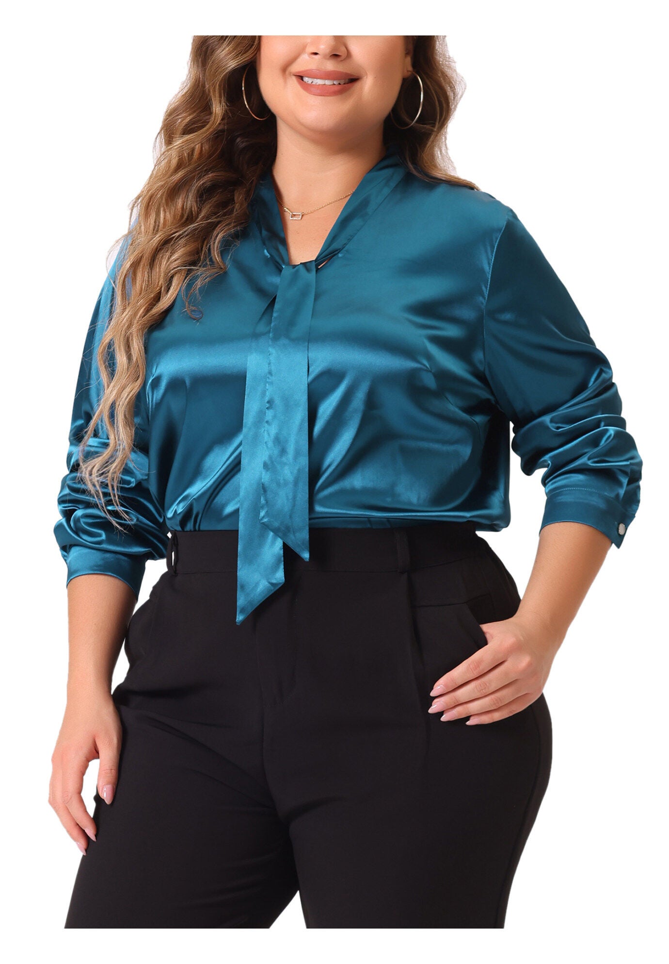 Tie Neck Satin Top Blouse, Peacock Blue / Teal, alternate image number 2
