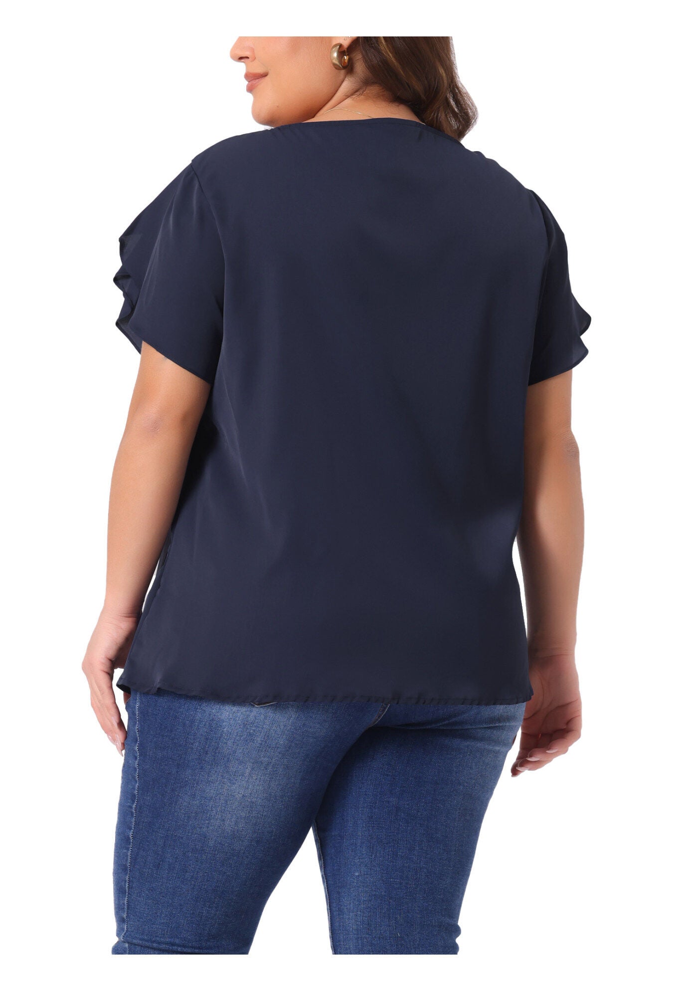 Round Neck Pleated Top Tulip Sleeves Blouse Top, Dark Blue / Navy, alternate image number 3