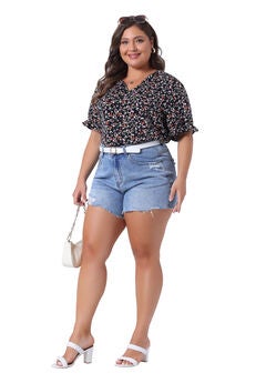 Floral V Neck Ruffle Puff Short Sleeve Blouse