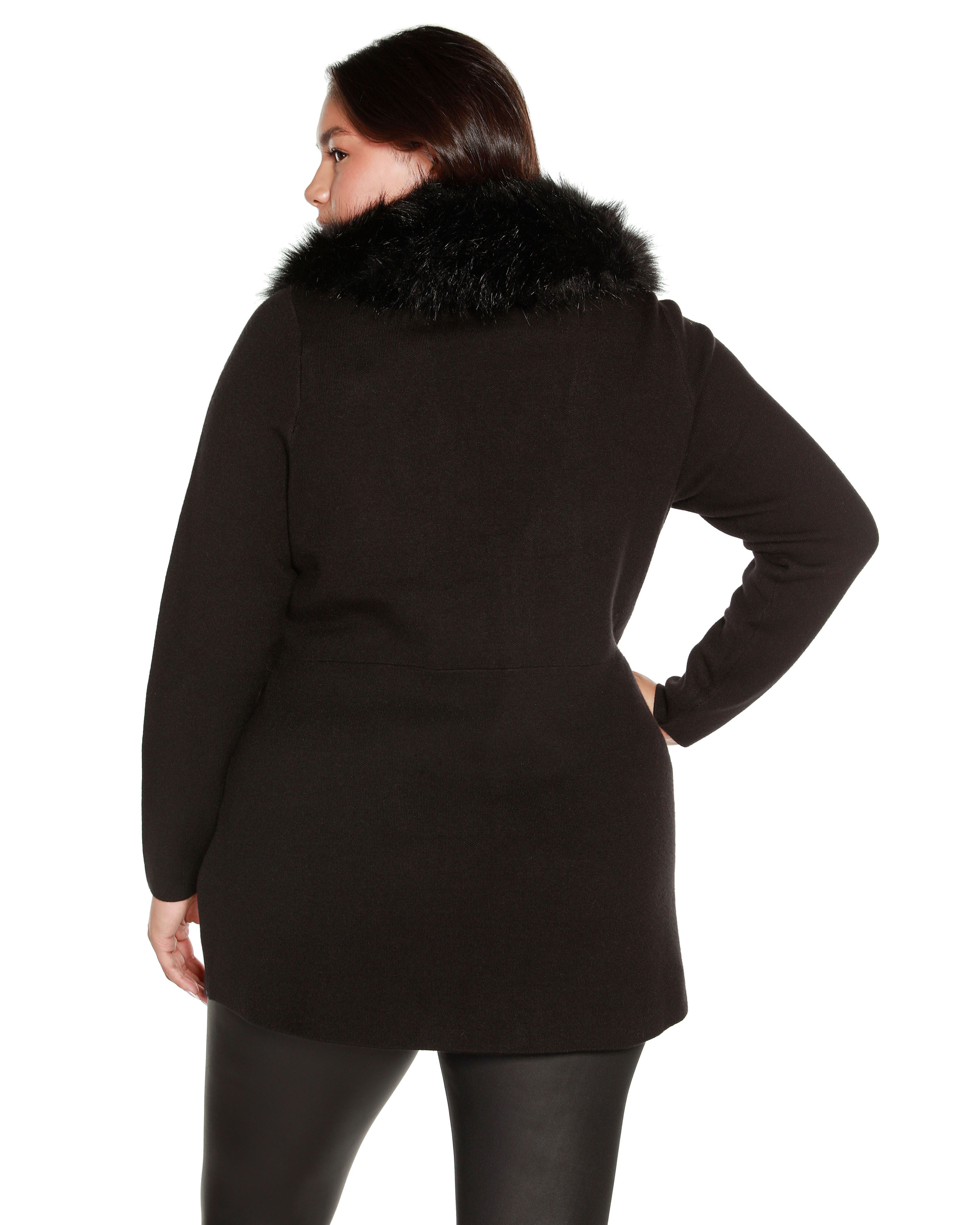 FAUX FUR COLLAR CARDIGAN, Black / Black, alternate image number 1