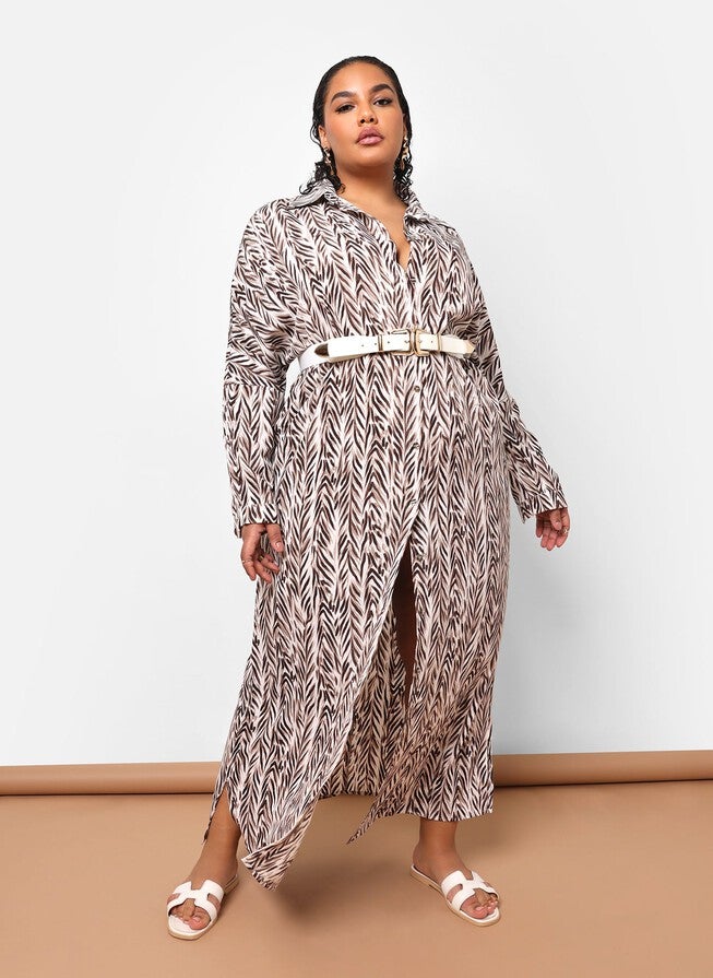 ISHA BAMBOO PRINT BUTTON FRONT MAXI COLLARED DRESS, White / White, alternate image number null