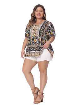 Boho Floral Print V Neck Short Sleeve Peplum Loose Blouse