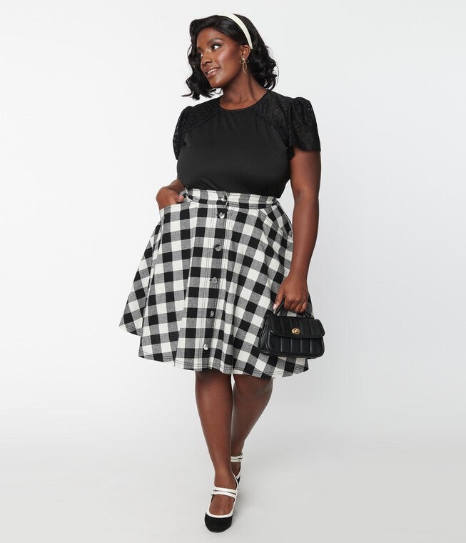 Unique Vintage Black & White Gingham Swing Skirt, , alternate image number 8