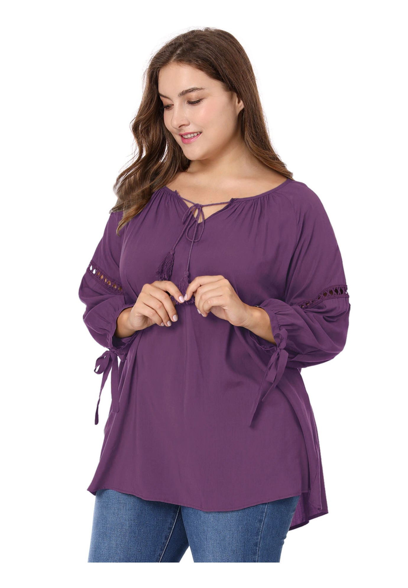 RAGLAN SLEEVES HOLLOW OUT TIE NECK PEASANT TOP, Purple / Purple, alternate image number 2