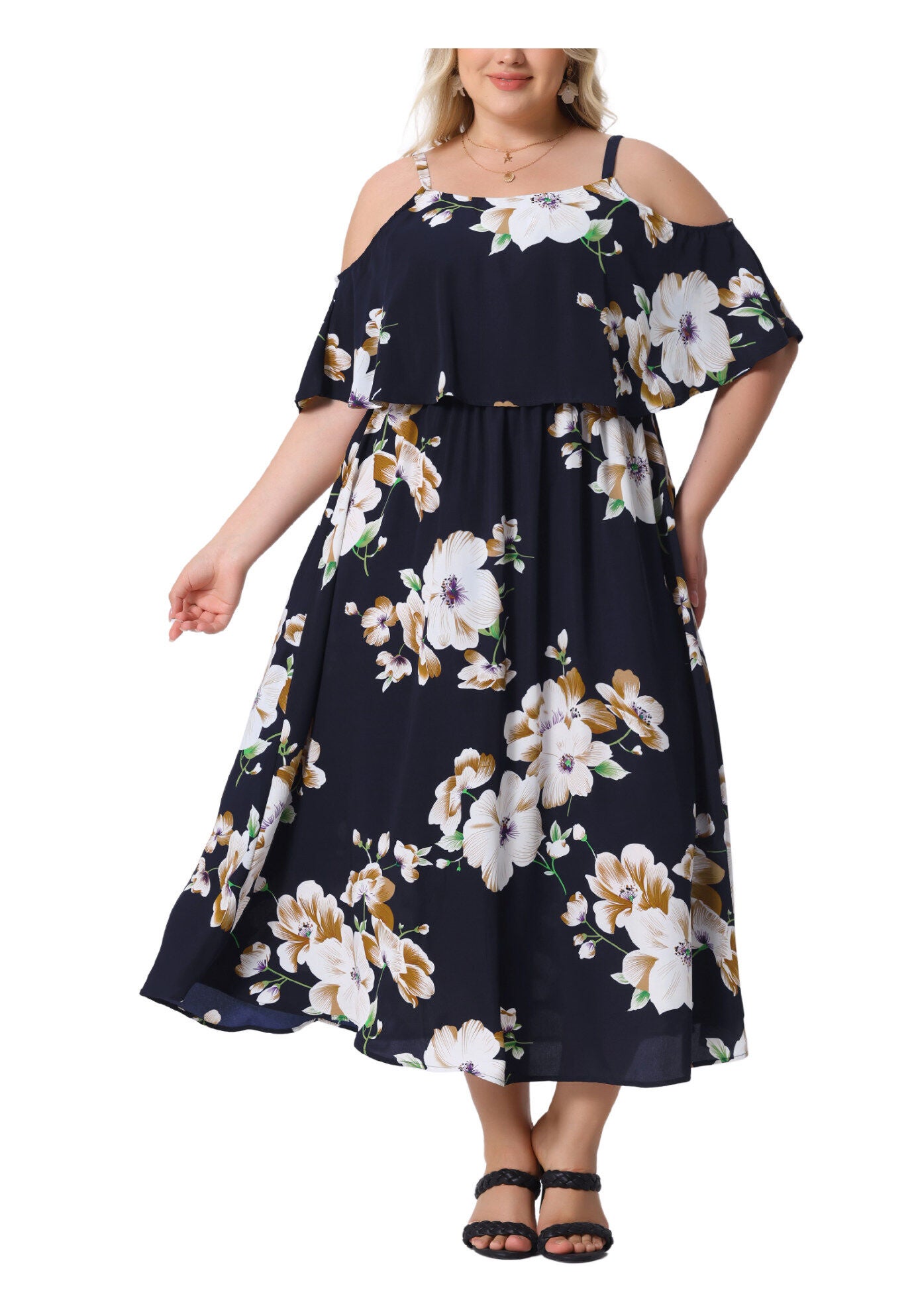 Summer Square Neck Adjustable Strap Beach Maxi Dress, Navy Blue / Navy, alternate image number 3