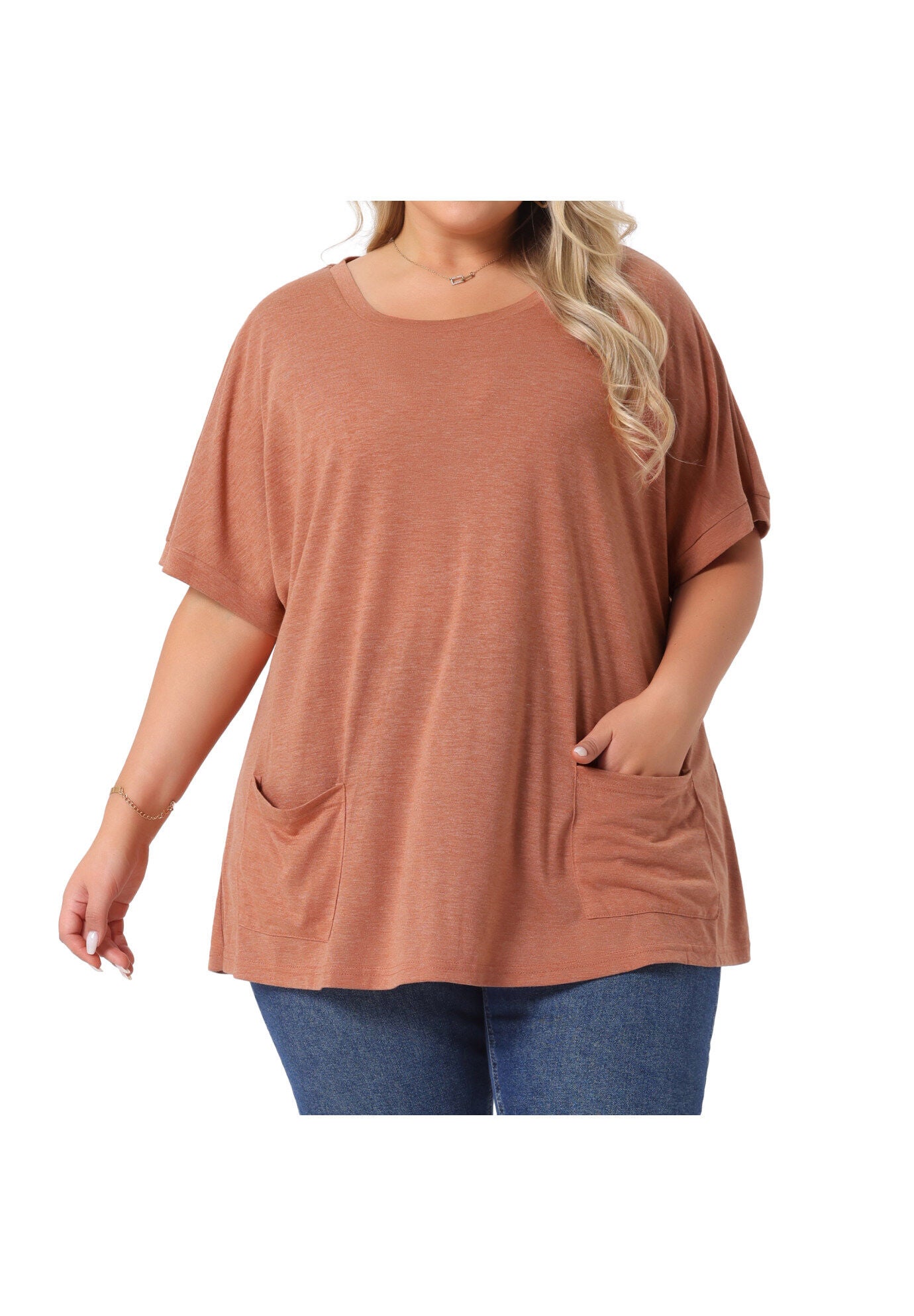 Short Sleeve Top Loose Fit Summer T-Shirt with Pocket, Brick Red / Terracotta, alternate image number 2