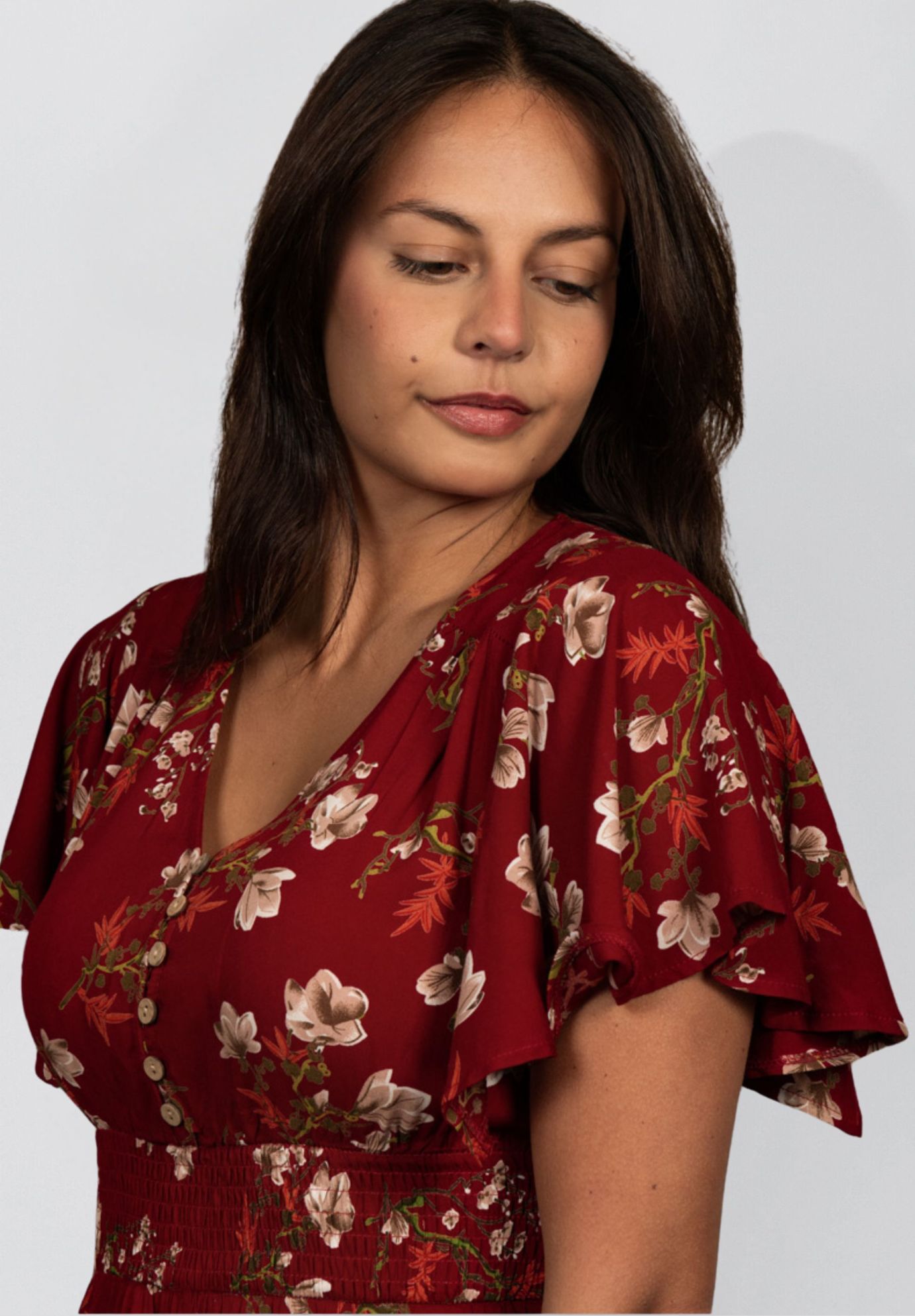 Annick - Dimi Floral Short Dress Smocked Waist Pockets, Red / Red, alternate image number 1