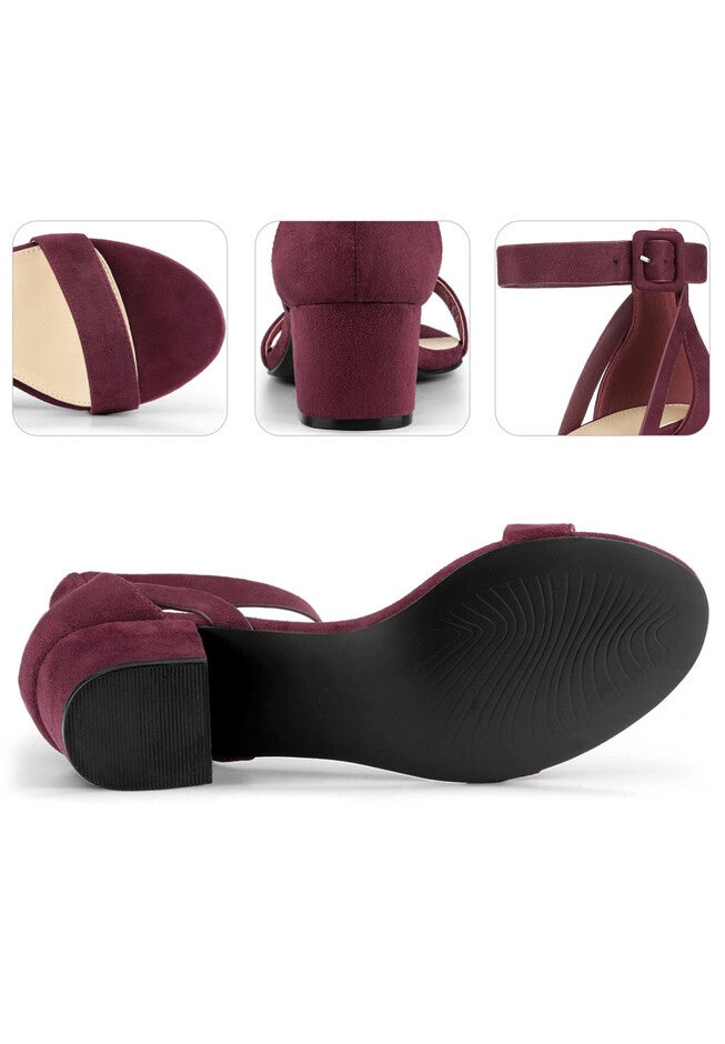 Open Toe Ankle Strap Block High Heels Sandals, Burgundy / Burgundy, alternate image number 2