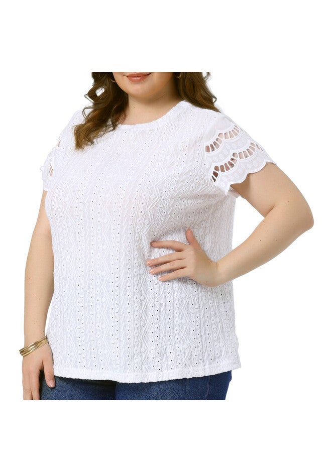 Lace Panel Hollow Short Sleeve Eyelet Top, White / White, alternate image number 1