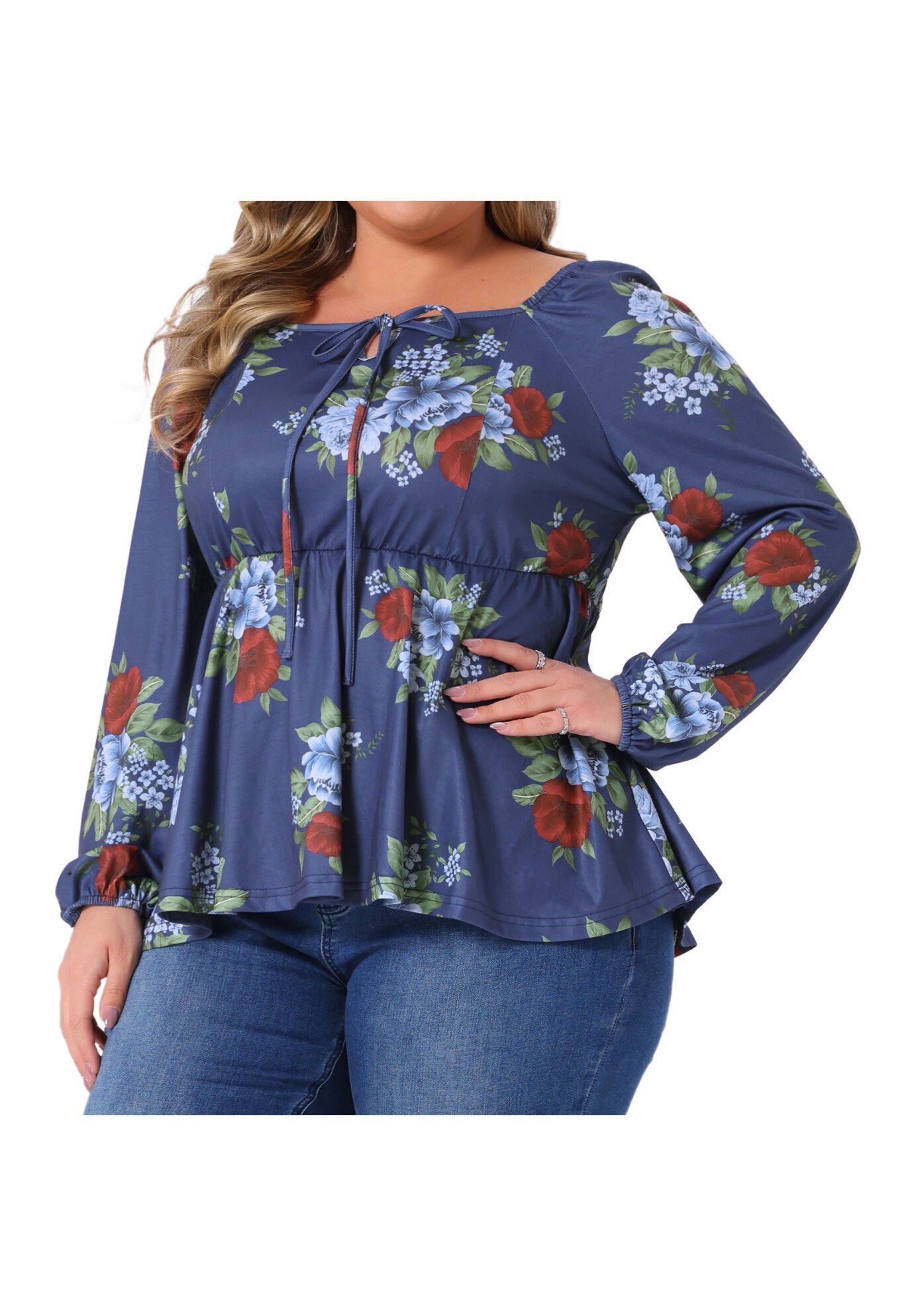 Sweetheart Neckline Long Sleeve Floral Peplum Top, Blue / Navy, alternate image number 1