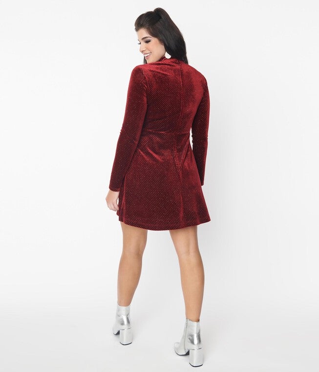 Smak Parlour Burgundy Sparkly Velvet Mock Turtleneck Fit & Flare Dress, Burgundy Sparkly / Burgundy, alternate image number 3