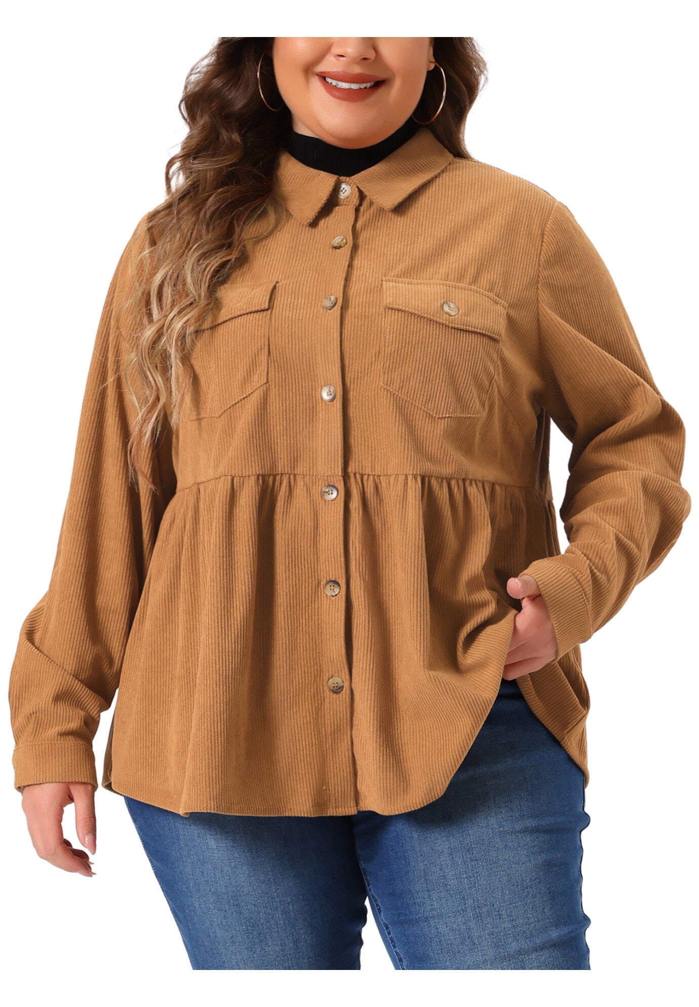 Peplum Button Down with Pockets Corduroy Shirt, Brown / Brown, alternate image number 2