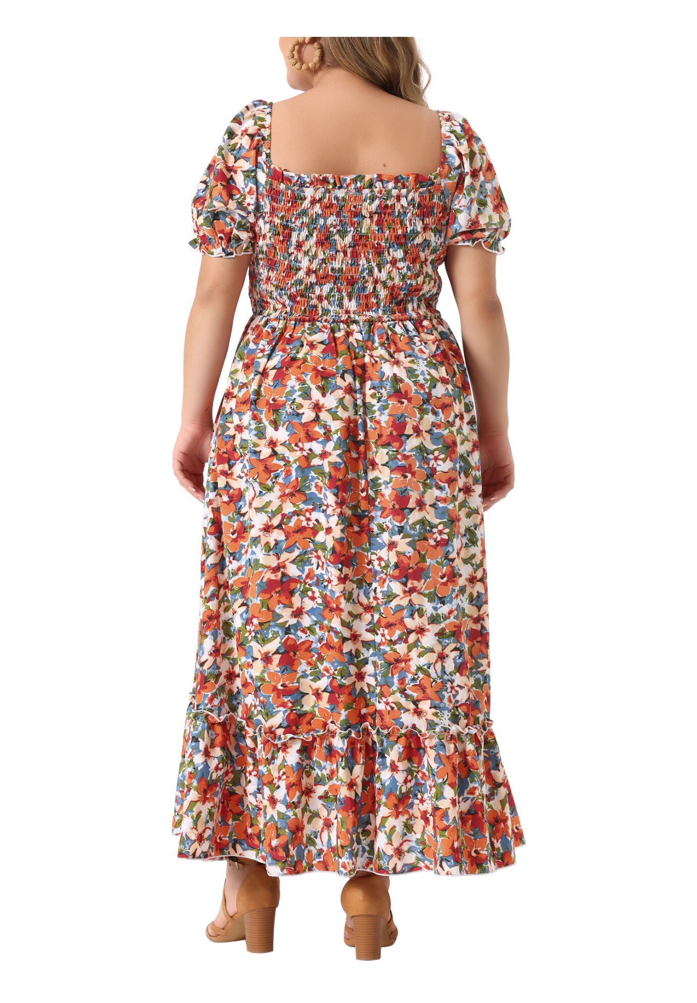 Short Sleeve Shirred Square Neck Floral Maxi Dress, Red / Red, hi-res image number 0