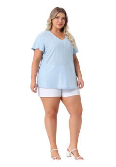 Summer Tee V Neck Hollow Flare Short Sleeve Casual Top Tunic