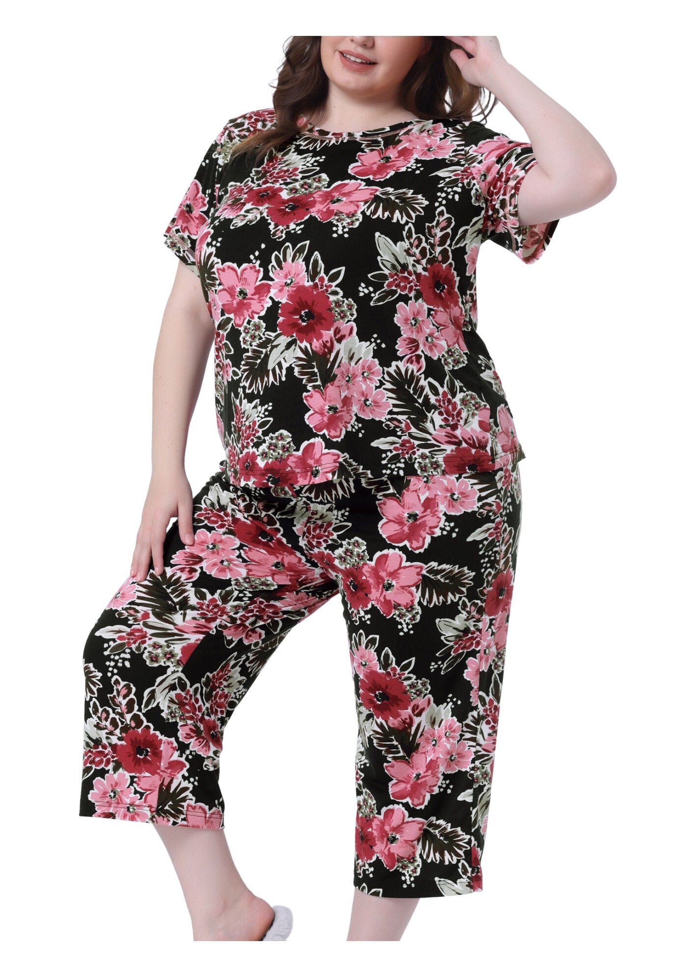 Short Sleeve Sleepwear Soft Lounge Set, Black / Black, alternate image number 2