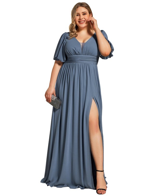 Chiffon Illusion V-Neck Flutter Sleeve Front Slit Evening Dress, Dusty Navy / Dusty Blue, alternate image number 4