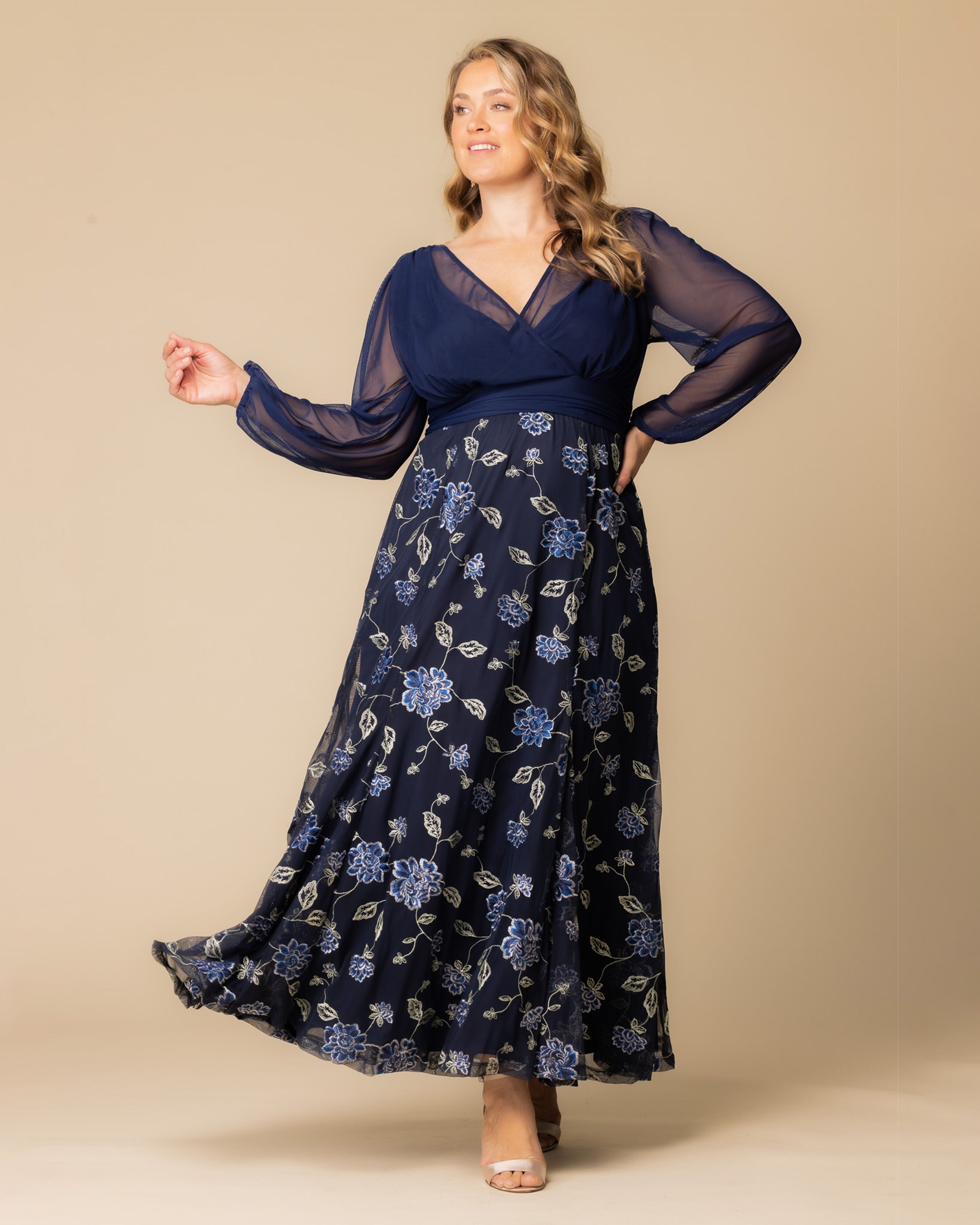 Isabella Embroidered Mesh Gown, NAVY BLUE BLOOMS / Navy, alternate image number 4