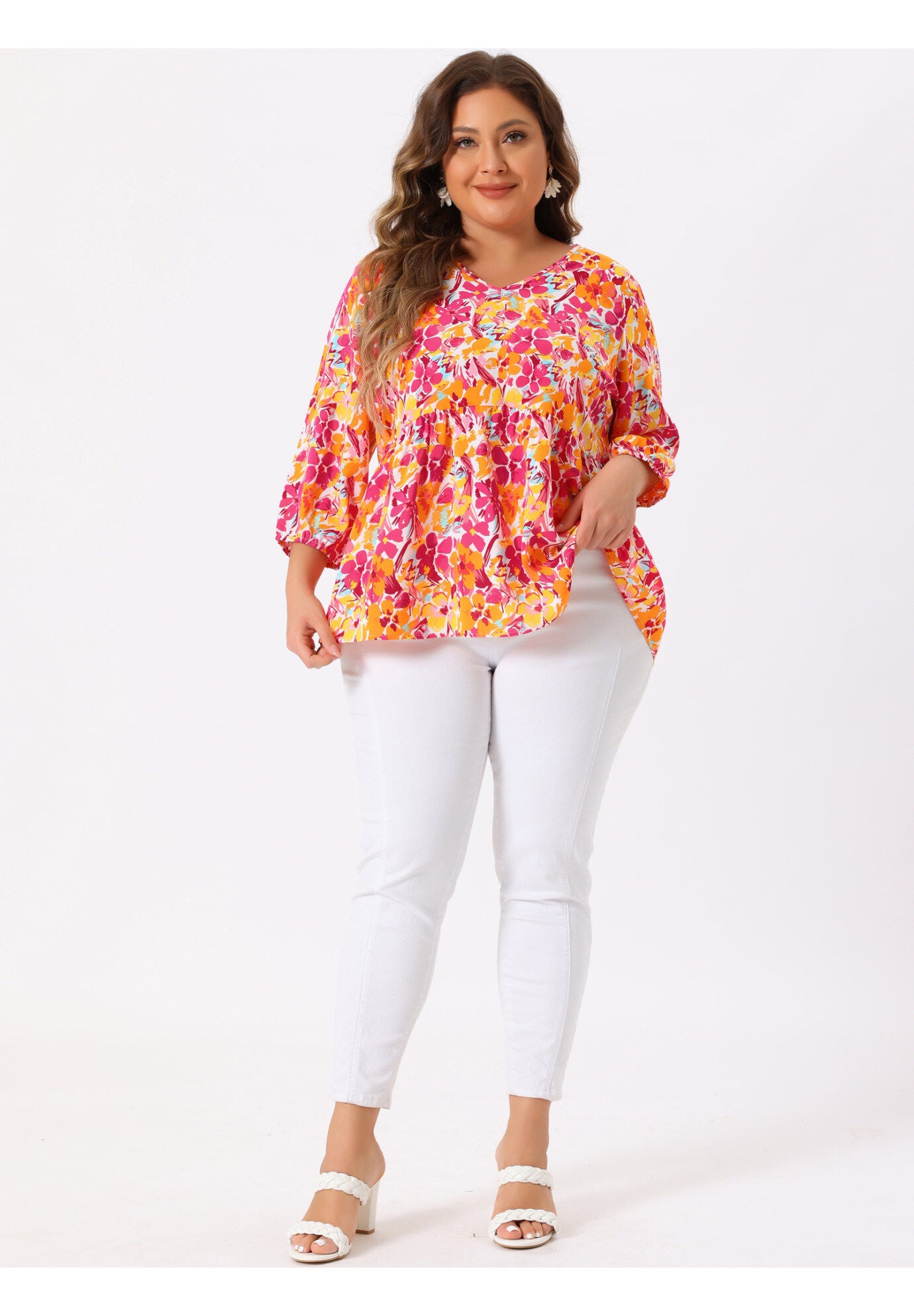 V Neck Babydoll Flowy 3/4 Lantern Sleeve Floral Blouse, Orange Pink / Pink, hi-res image number 0