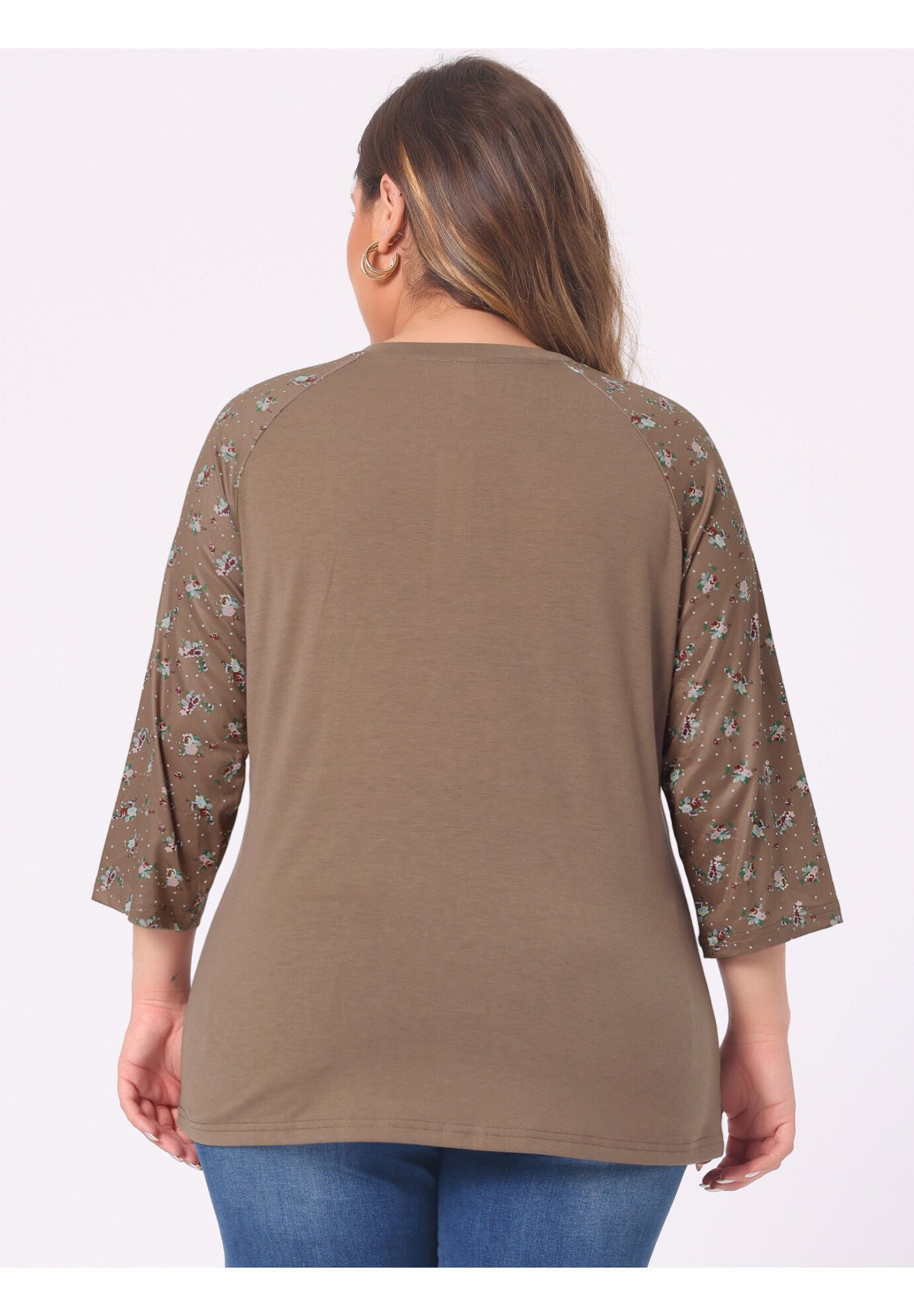 Casual V Neck 3/4 Sleeve Floral Raglan Top, Brown / Brown, alternate image number 3