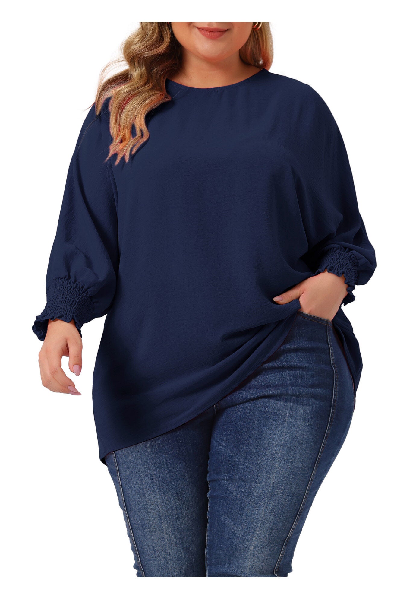 Chiffon Top Batwing Ruffle Long Sleeve Loose T-Shirt Blouse, Navy Blue / Navy, alternate image number 2
