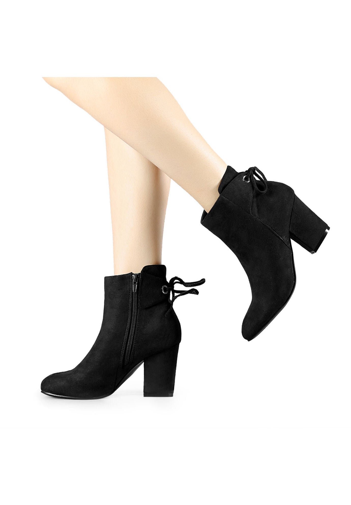 ROUND TOE BLOCK HEEL ZIPPER ANKLE BOOTS, Black / Black, alternate image number 1