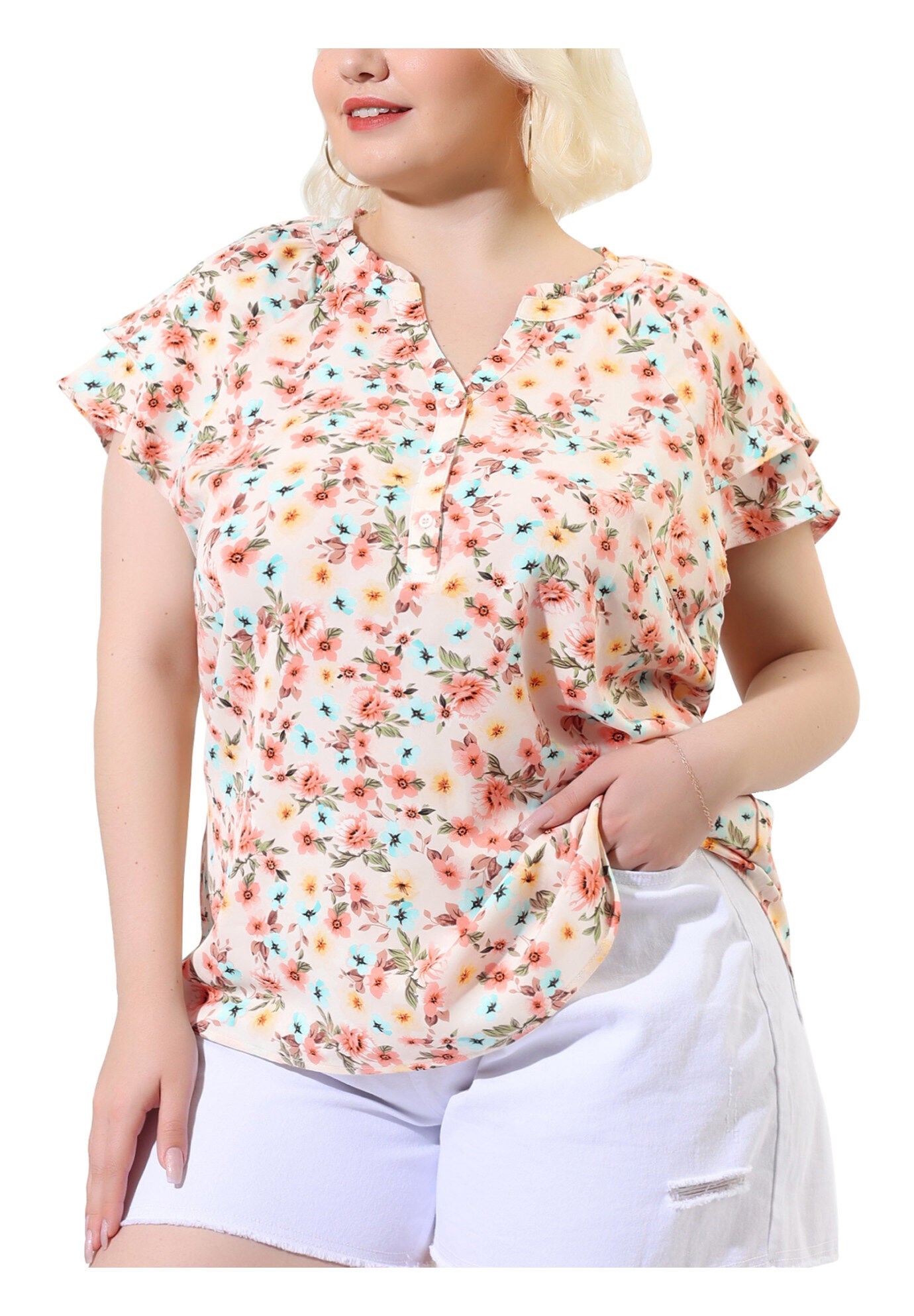 Floral Ruffle Trim V Neck Layered Sleeve Blouse, Pink / Pink, alternate image number 1