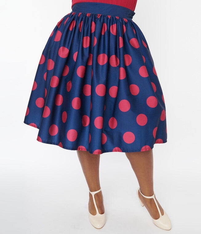 Unique Vintage Navy & Berry Polka Dot Gellar Swing Skirt, Navy Burgundy Polka Dot / Navy, alternate image number 2