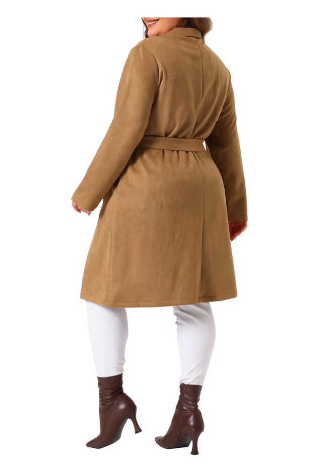 NOTCH LAPEL FAUX SUEDE LONG TRENCH COAT, Brown / Brown, alternate image number 3