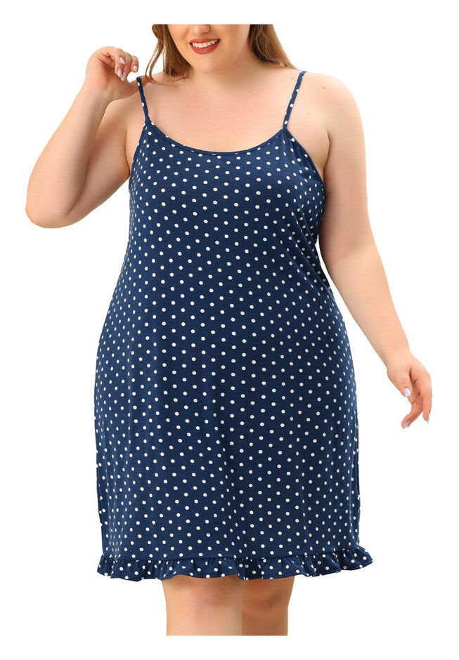 Sleeveless Polka Dots Ruffle Hem Cami Sleepwear Dress, Navy Blue / Navy, alternate image number 1