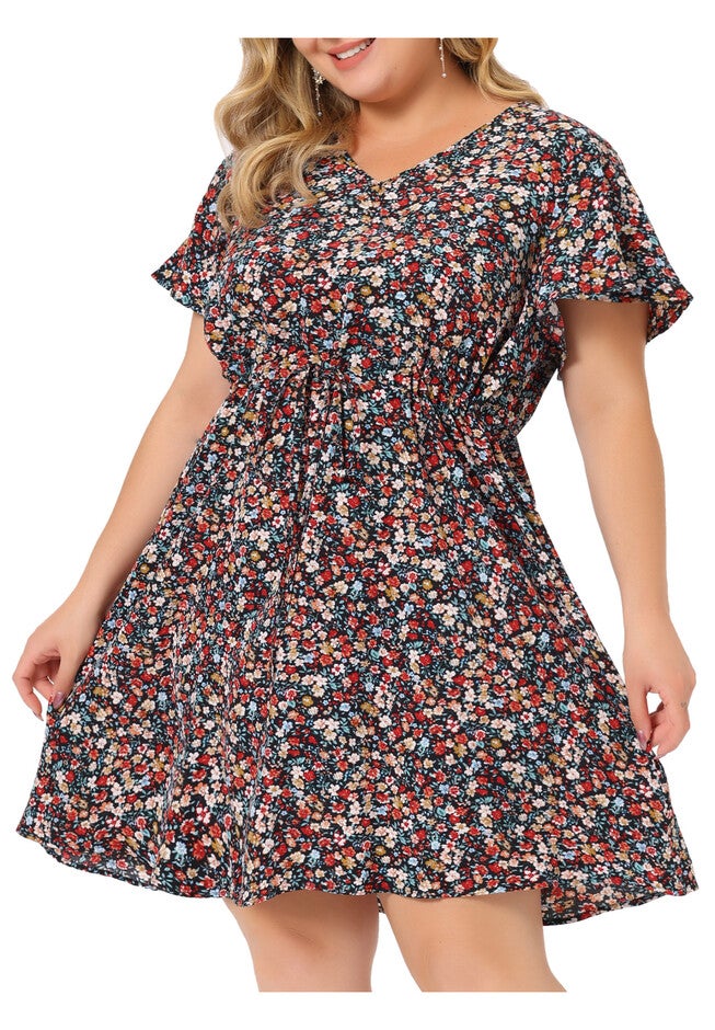 Floral Drawstring Waist V Neck Dress, Black Red / Black, alternate image number null
