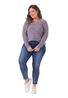 V Neck Long Sleeve Ribbed Brushed Tunic Blouse