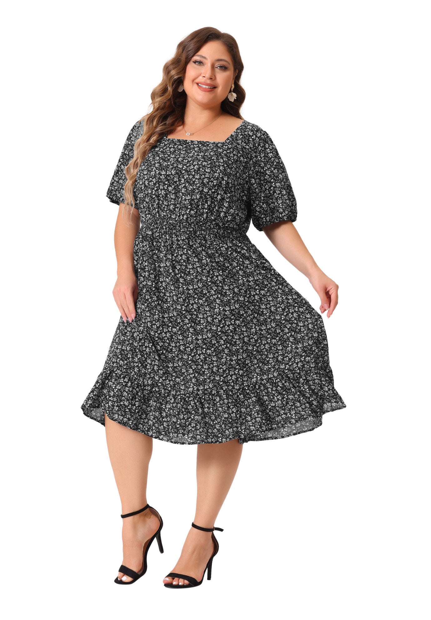 SHORT SLEEVE SQUARE NECK ELASTIC WAIST FLORAL DRESS, Black White / Black, hi-res image number 0