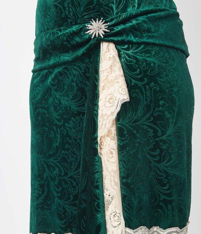 Unique Vintage Emerald Green Crushed Velvet & Ivory Lace Flapper Dress, Emerald Green Velvet Ivory Lace / Hunter Green, alternate image number 1