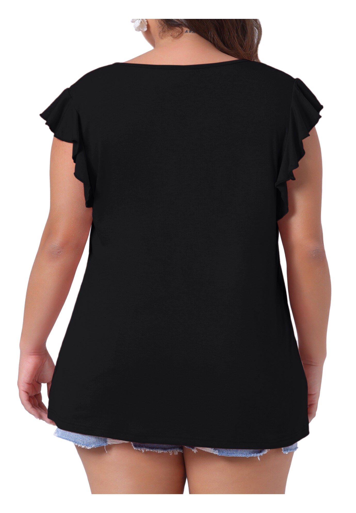 V Neck Ruffle Sleeveless Summer Blouse Top, Black / Black, alternate image number 3