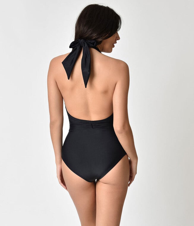 Unique Vintage Black Halter Shirred Derek One Piece Swimsuit, , alternate image number null