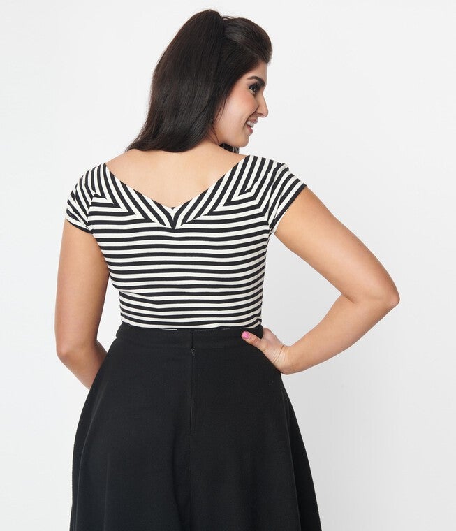 Unique Vintage Black & White Stripe Pumpkin Brooch Deena Top, Black White Stripe / Black, alternate image number 1