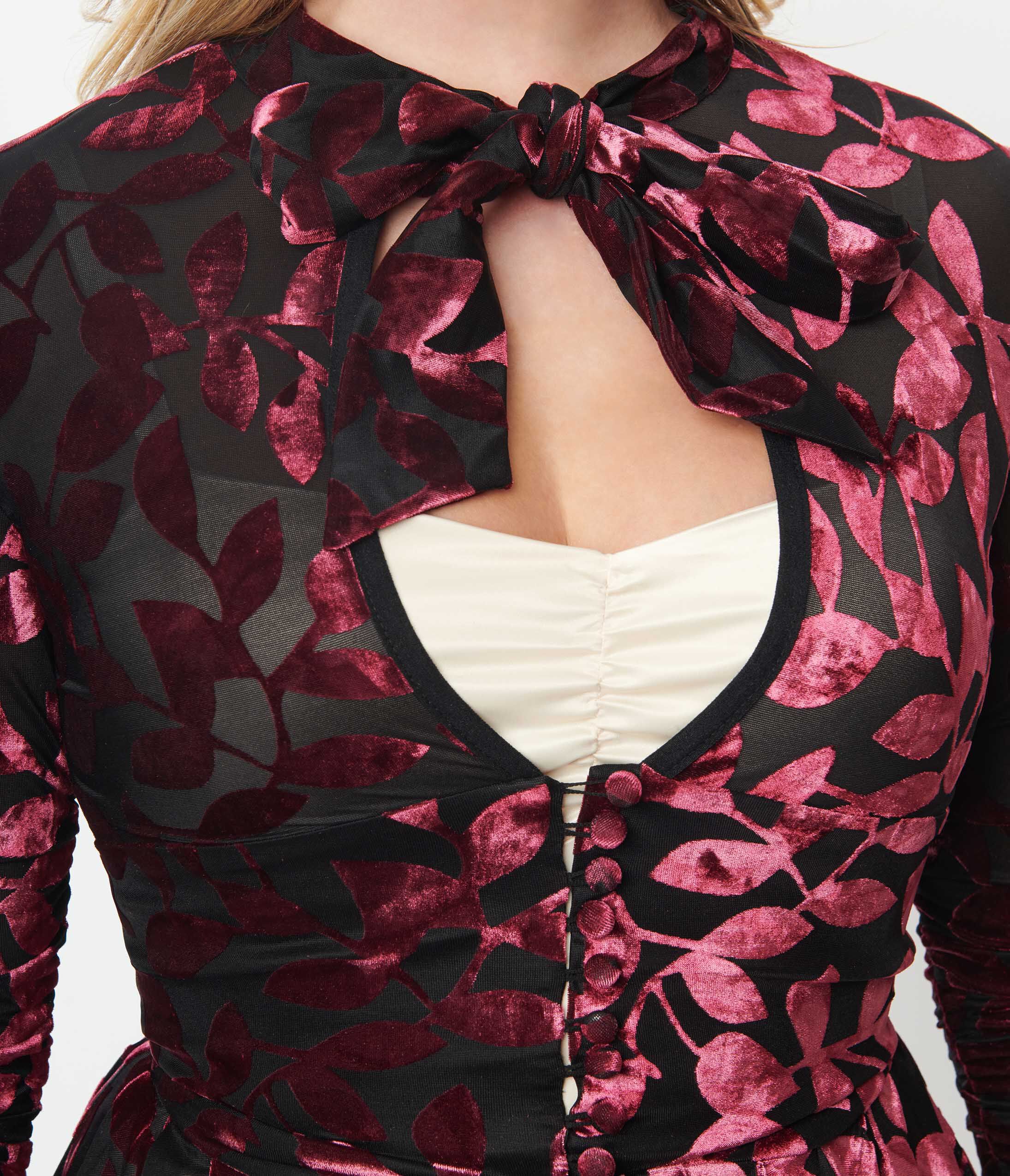 Unique Vintage Burgundy Velvet Burnout Floral Tallullah Duster, Burgundy Floral / Burgundy, alternate image number 1