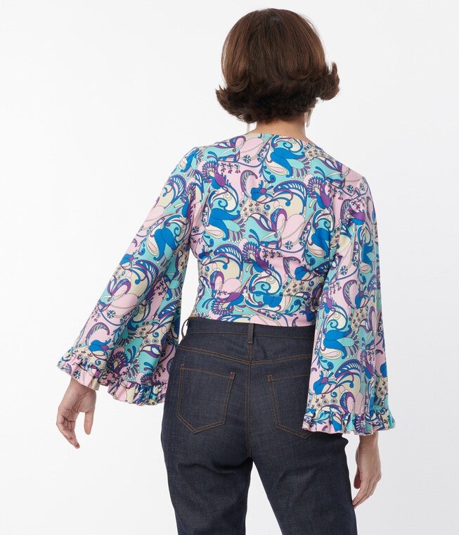 Smak Parlour Blue & Purple Psychedelic Floral Belva Crop Blouse, , alternate image number null