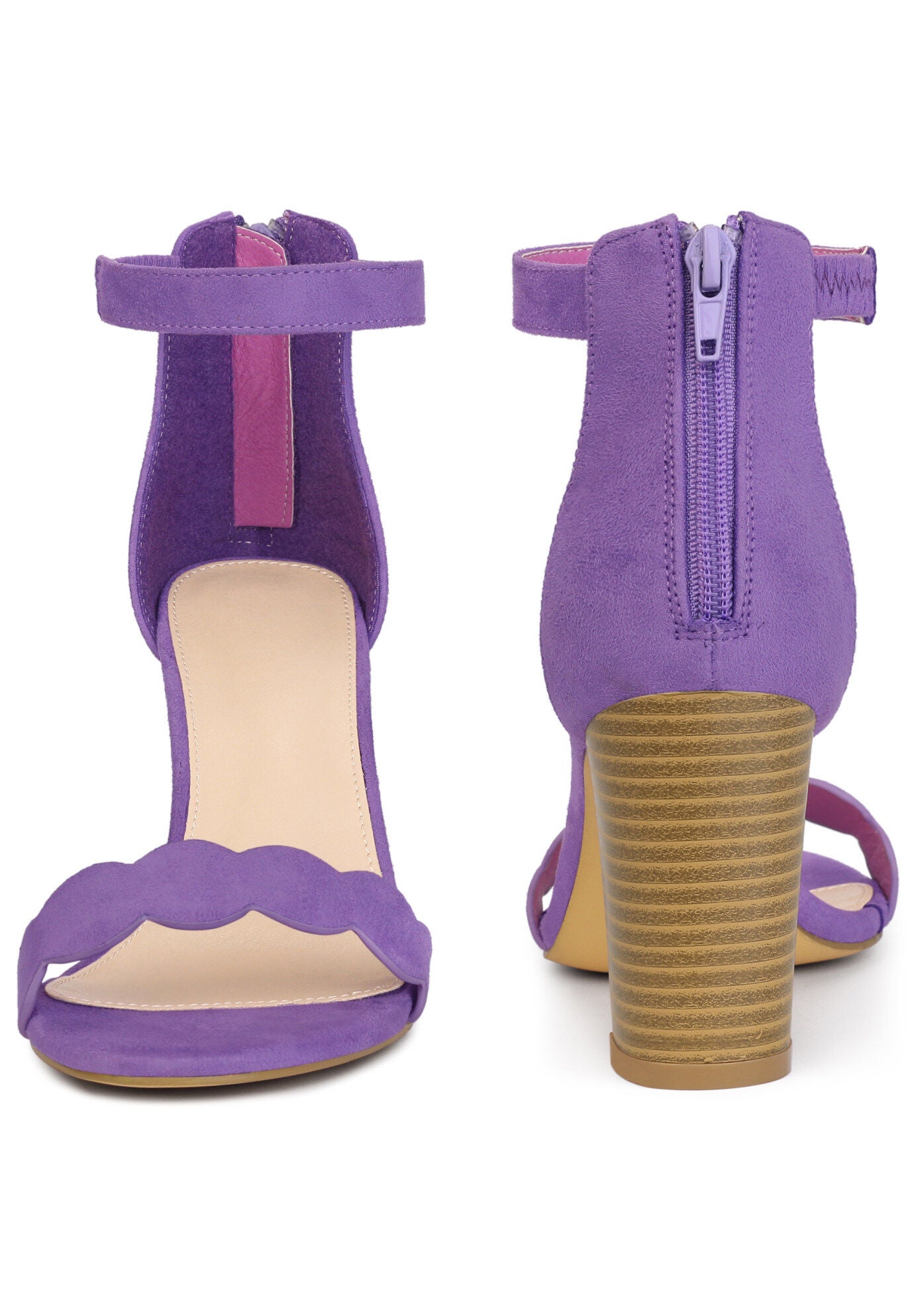 Scalloped Heel Ankle Strap Chunky Heels Sandals, Purple / Purple, alternate image number 2