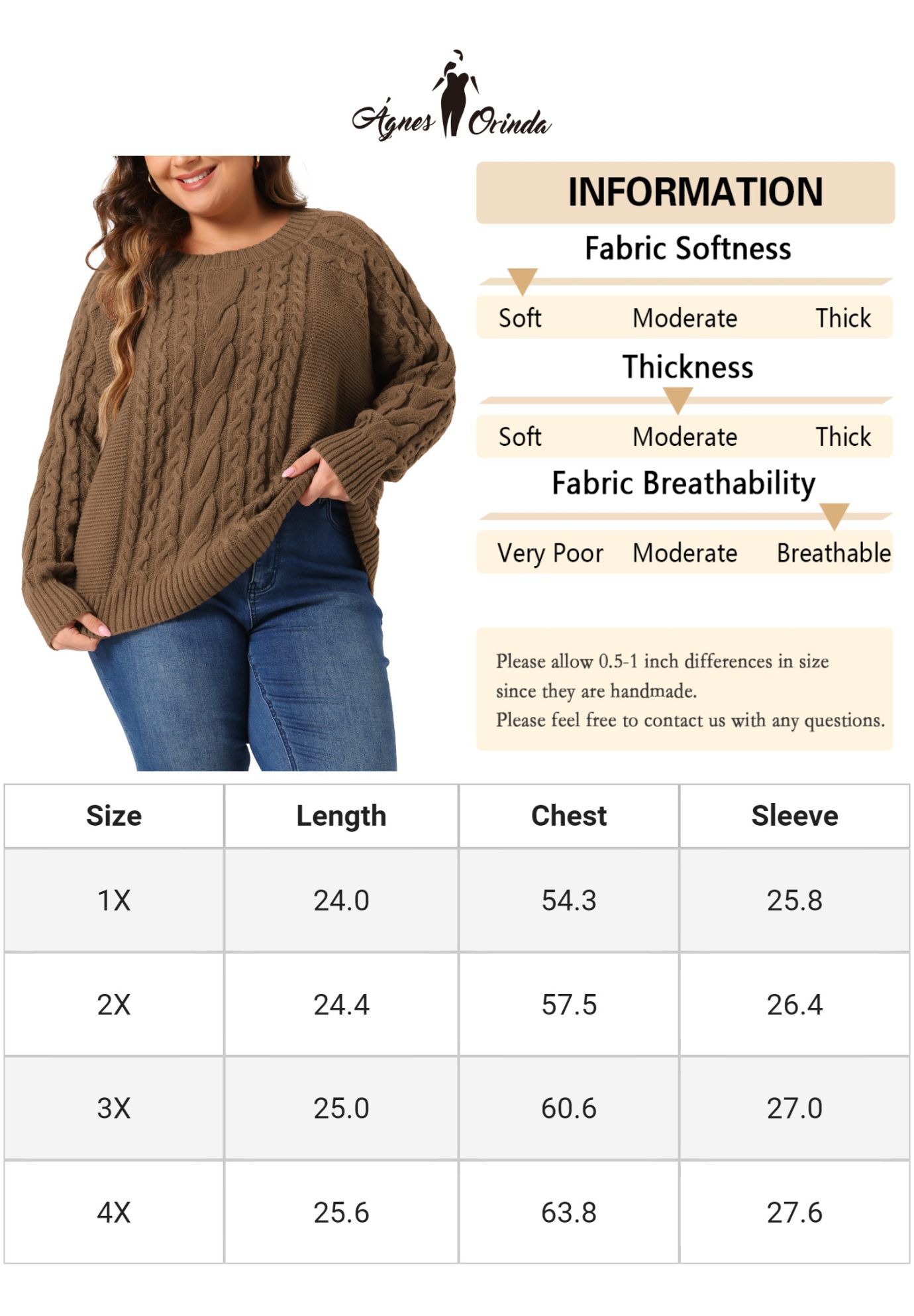 Long Sleeve Crewneck Fisherman Cable Pullover Sweater, Brown / Brown, alternate image number 4