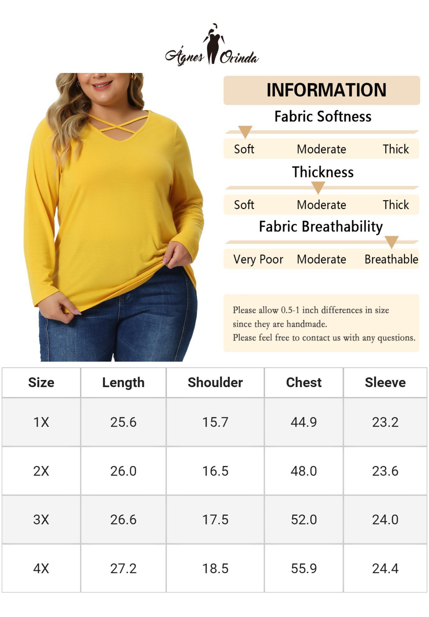 CROSS V NECK LONG SLEEVES T-SHIRT TOP, Yellow / Yellow, alternate image number 4