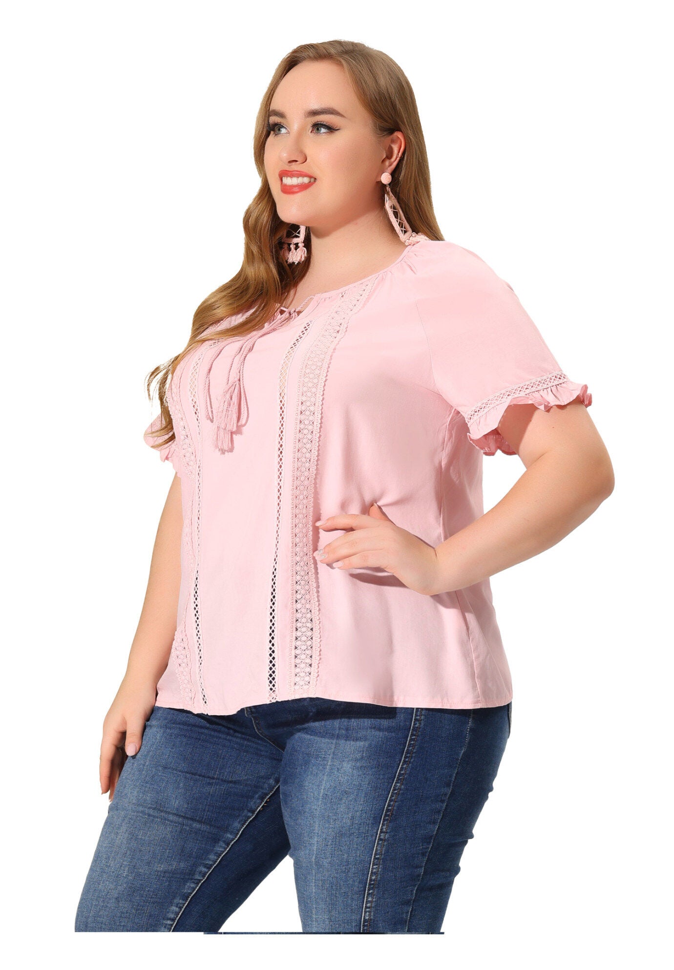 TIE NECK RUFFLE SHORT SLEEVE LACE CROCHET BLOUSE TOP, Pink / Pink, hi-res image number 0