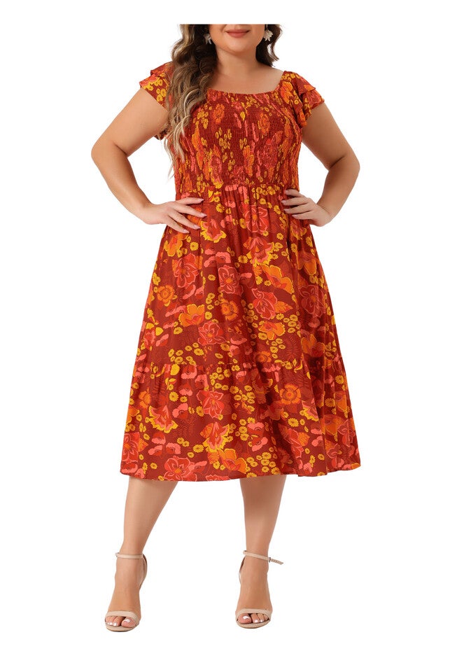 Square Neck Flutter Sleeve Smocked High Waist Flowy Summer Midi Dress, Brick Red / Red, alternate image number 1
