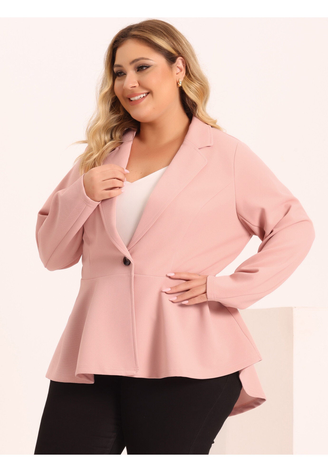 RUFFLE V NECK BUTTON NOTCH PANEL PEPLUM BLAZER, Light Pink / Pink, alternate image number 1