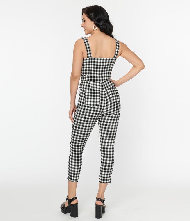 Unique Vintage Black & White Gingham Eartha Jumpsuit, Black White Gingham / Black, alternate image number null