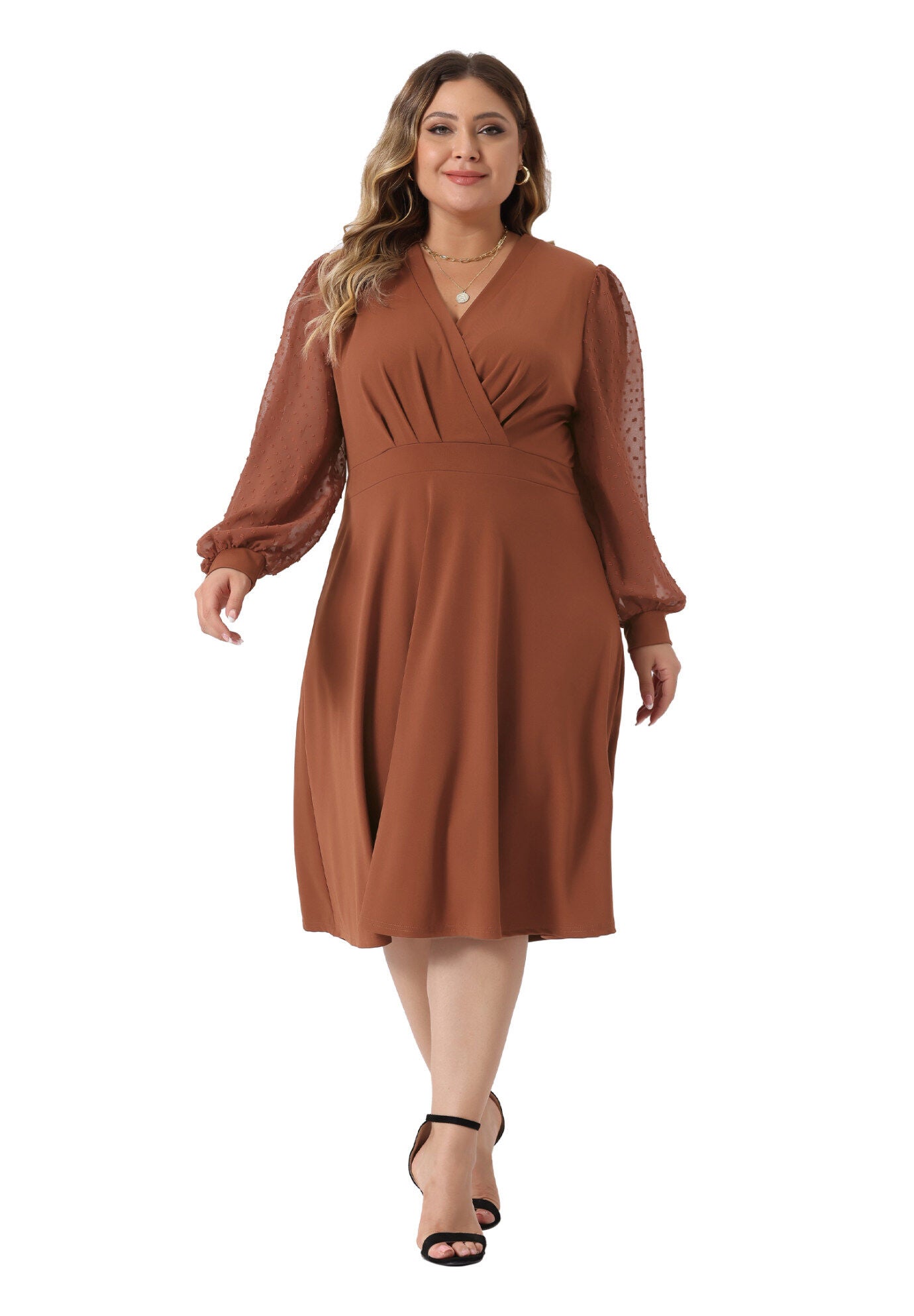 Long Sleeve Swiss Dots Formal Knee Length Dress, Caramel / Brown, hi-res image number 0