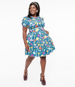 Smak Parlour 1960s Navy & Rainbow Mushroom Open Back Flare Dress